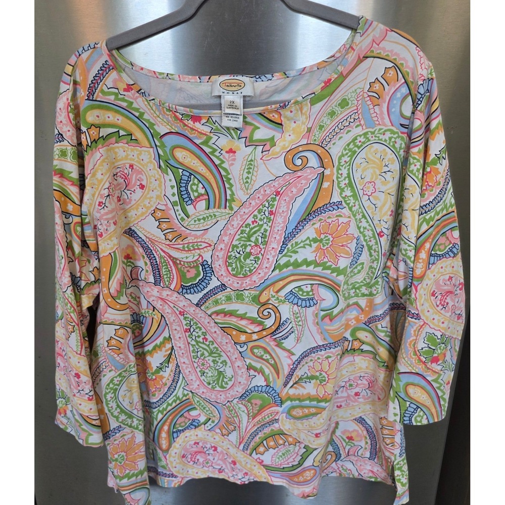 Talbots Woman 2X Top Multi Color Paisley 3/4 Sleeve Cotton Blend Scoop Neck